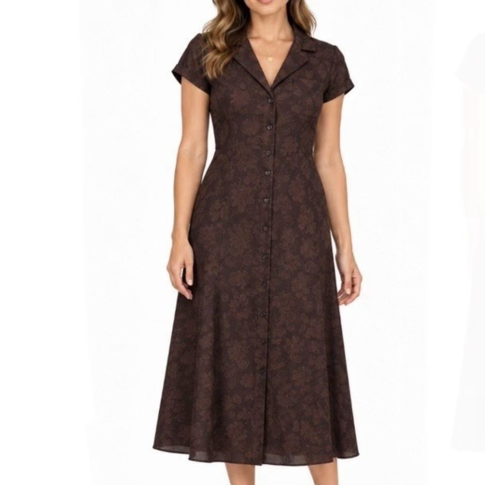 Ralph Lauren 100% Silk Floral Button Front Maxi Dress Brown Size 8 Vintage